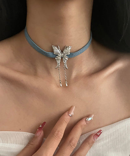 Blue Alloy Leather Rope Butterfly Tassel Pendant Necklace