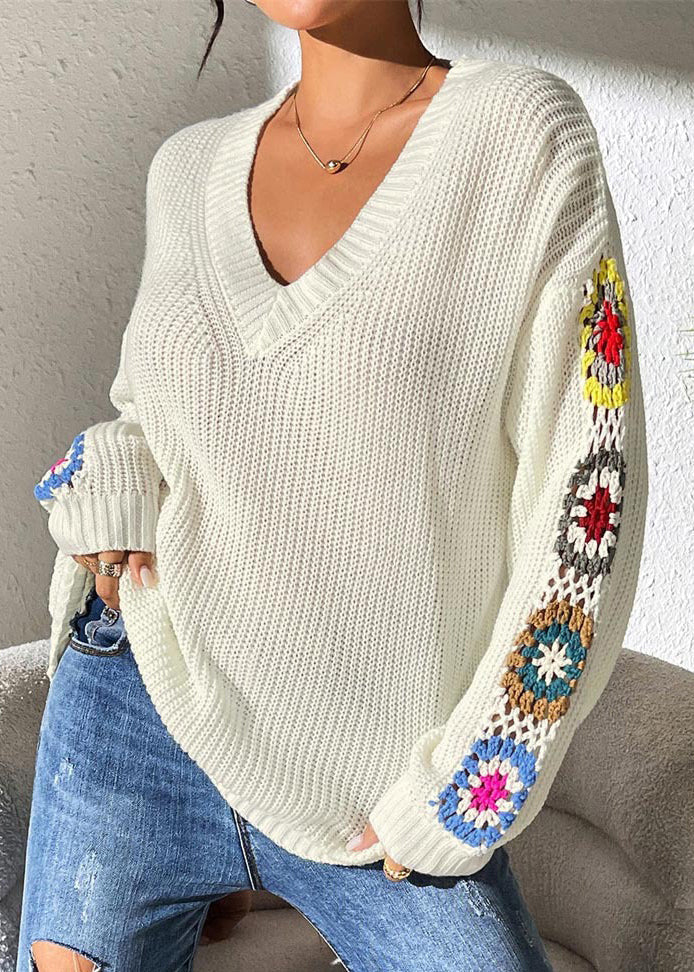 New White V Neck Hollow Ou Embroidered Knit Pullover Spring