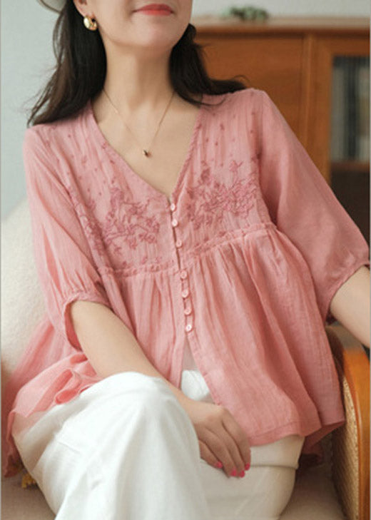 White V Neck Embroidered Patchwork Button Linen Shirt Half Sleeve