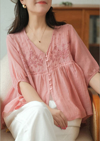 White V Neck Embroidered Patchwork Button Linen Shirt Half Sleeve