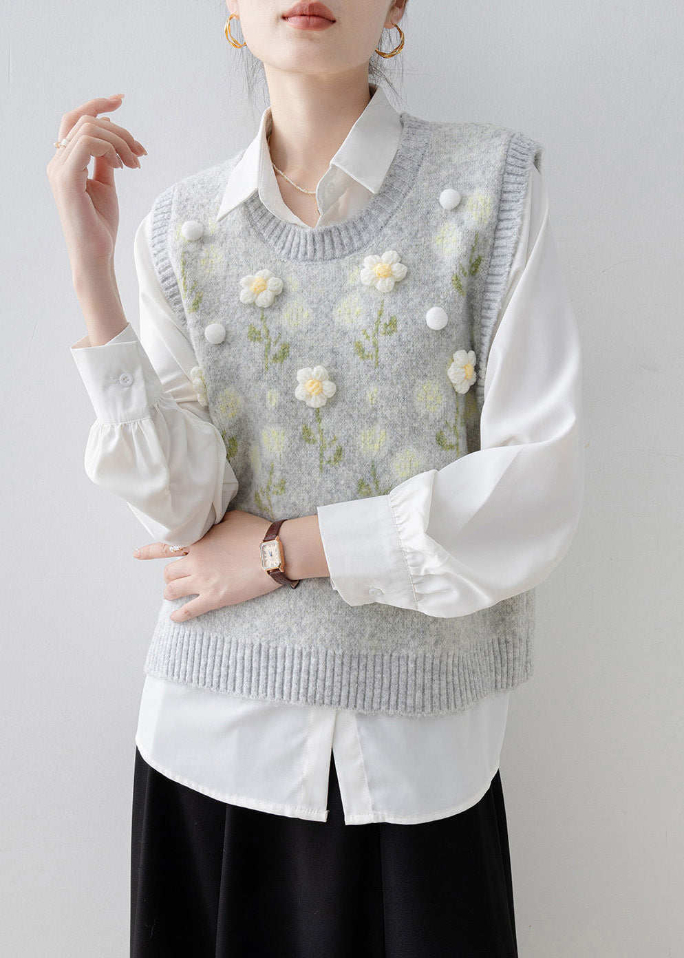Handmade Light Grey O Neck Knit Vest Sleeveless