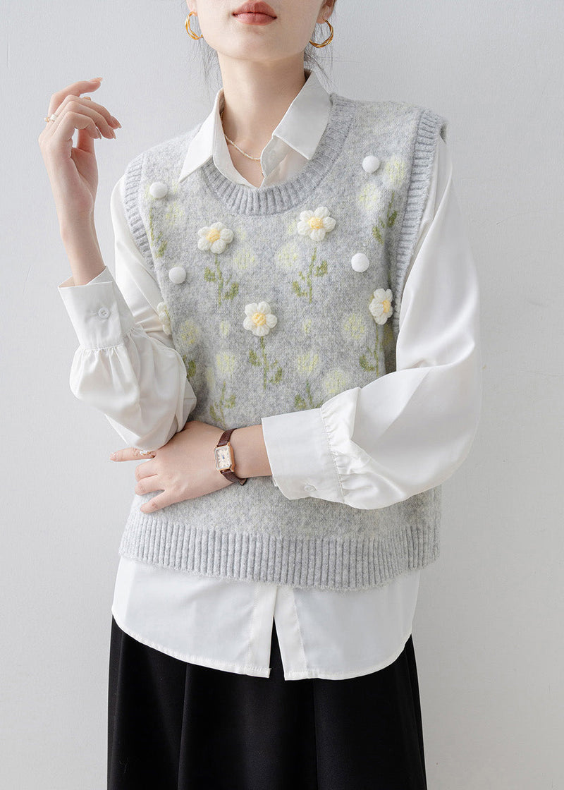 Handmade Light Grey O Neck Knit Vest Sleeveless