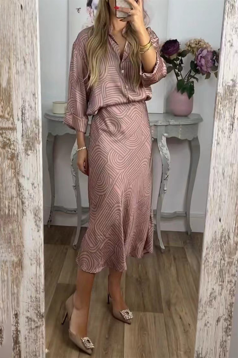 Daily Geometric Print Buttons Turndown Collar Three Quarter Two Pieces(3 Colors)