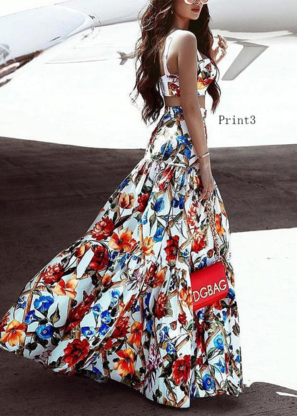 European and American Print Suspender Top and Skirts Set