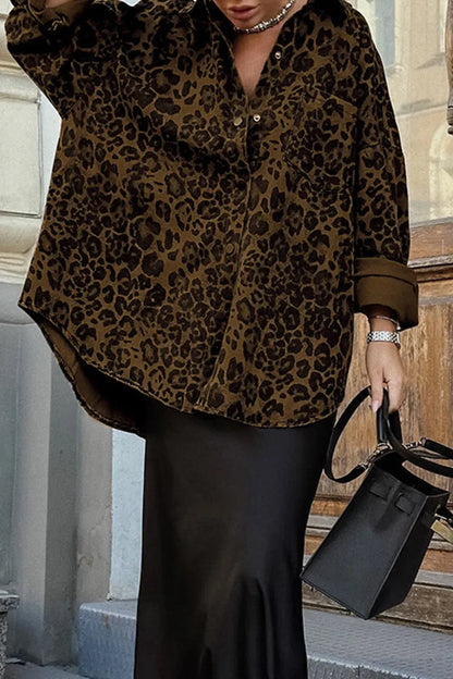 Street Leopard Print Buttons Turndown Collar Tops