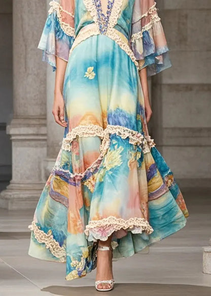 Rainbow Ruffled Patchwork Chiffon Maxi Dress Summer