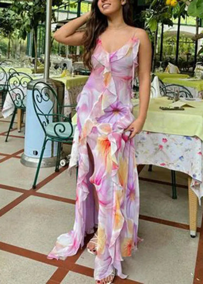 Stylish Light Purple Ruffled Print Cotton Spaghetti Strap Dress Summer