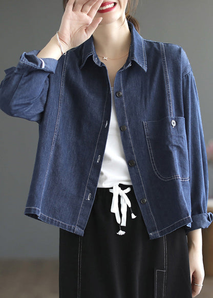 Blue Peter Pan Collar Patchwork Button Denim Coats Spring