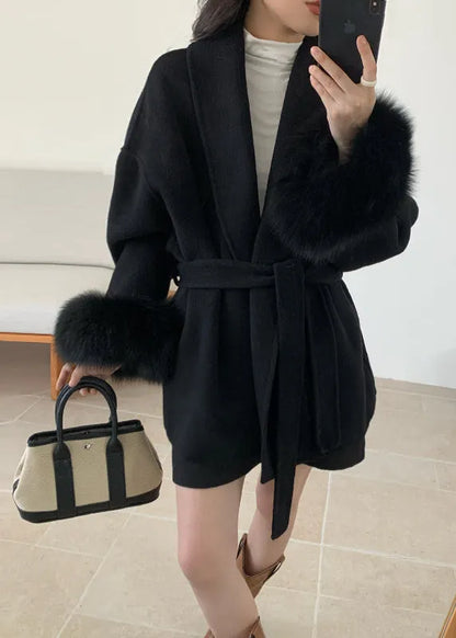 Style Grey Peter Pan Collar Faux Fur Patchwork Woolen Coat Winter