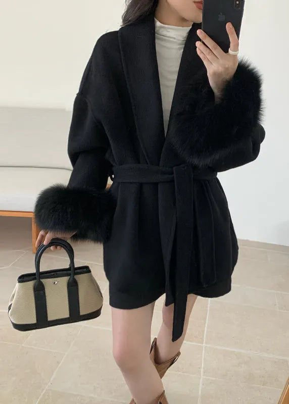 Style Grey Peter Pan Collar Faux Fur Patchwork Woolen Coat Winter