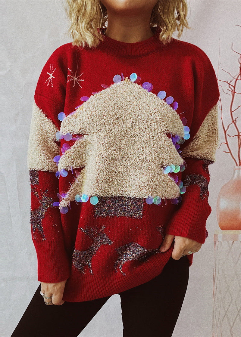 Stylish Red Christmas Tree Jacquard Sequins Thick Knit Sweaters Winter