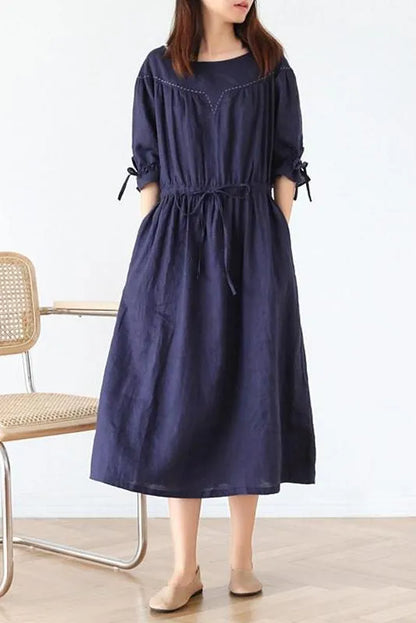 Linen Half Sleeve Round Neck Dress