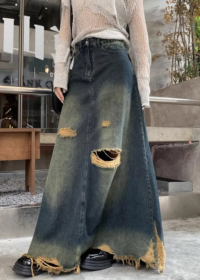 Denim Blue Hole High Waist Skirts Fall