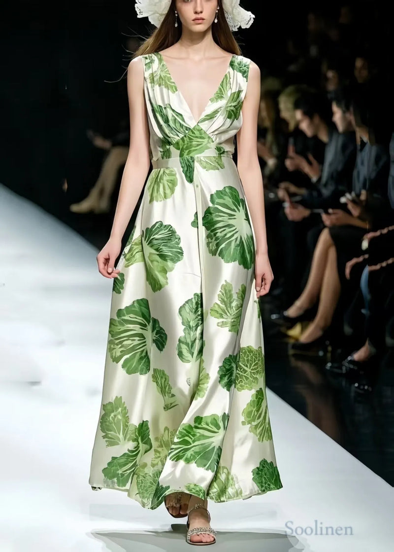 Diy Green Print Exra Large Hem Silk Maxi Dresses Summer