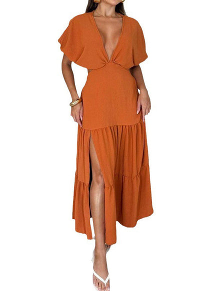 Orange V Neck Wrinkled Side Open Cotton Dress Summer