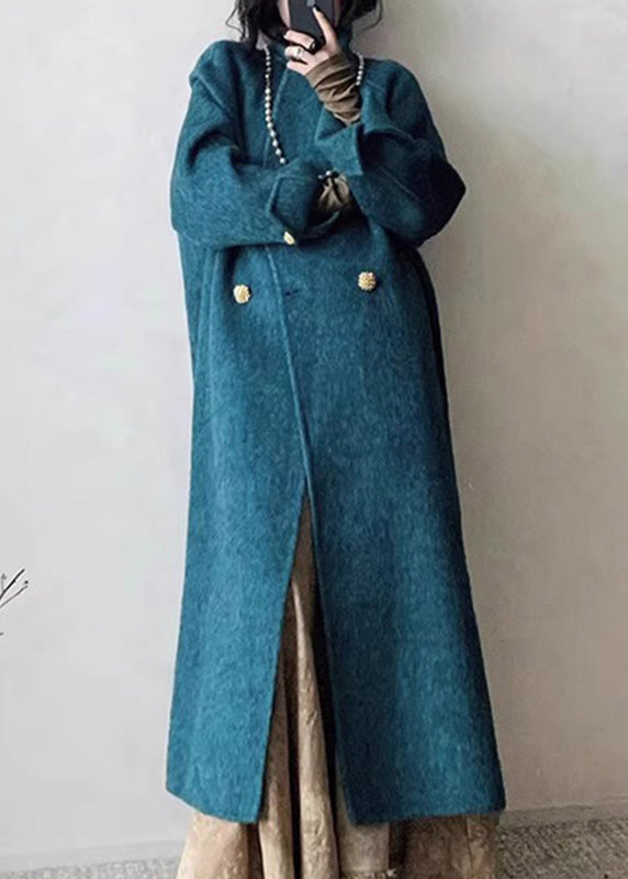 Blue Notched Button Woolen Maxi Coats Winter