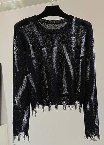 Unique Black O-neck Striped Hole Cotton Knit Sweaters Spring