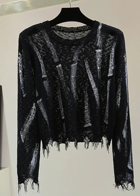 Unique Black O-neck Striped Hole Cotton Knit Sweaters Spring