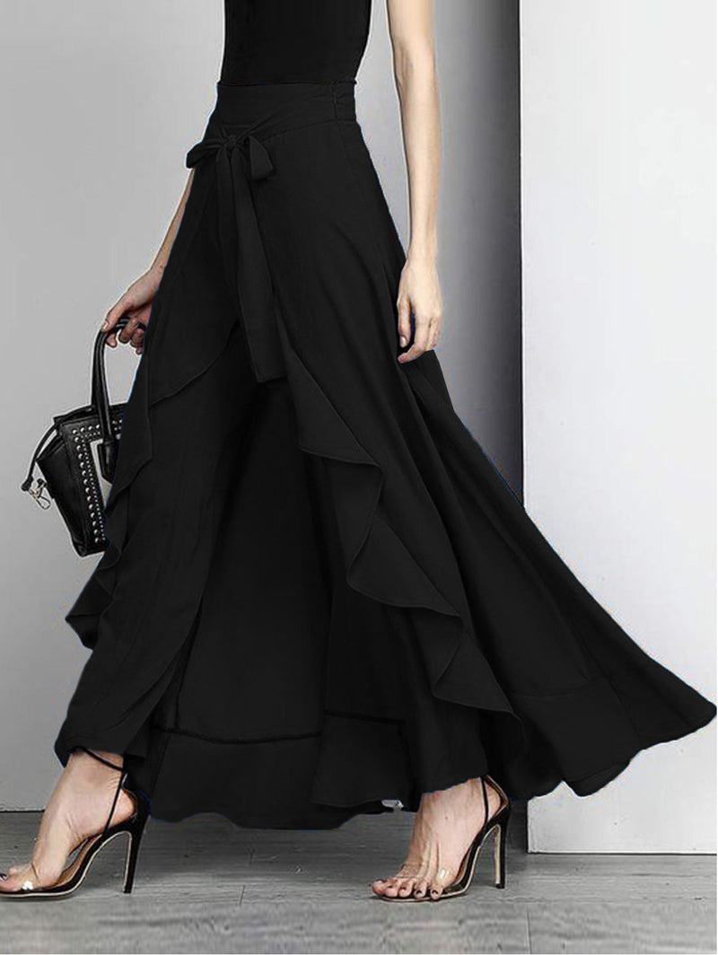 Grey Waist Spliced Ruffle Hem Straight Leg Skirt