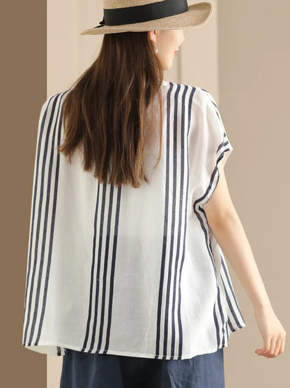 Summer Artsy Stripe V-neck Thin Linen Shirt