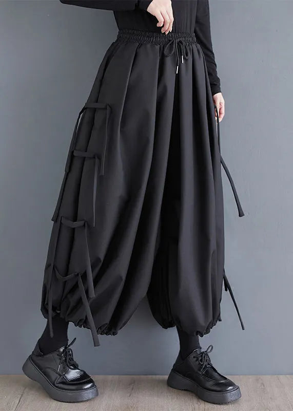 Black Tasseled Oversized Cotton Harem Pants Spring