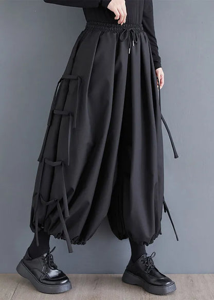 Black Tasseled Oversized Cotton Harem Pants Spring