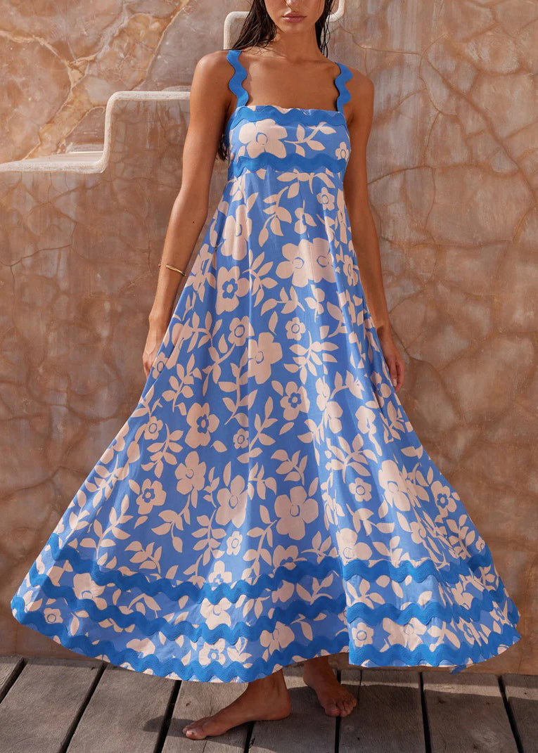 Blue Print Cotton Spaghetti Strap Dresses Summer