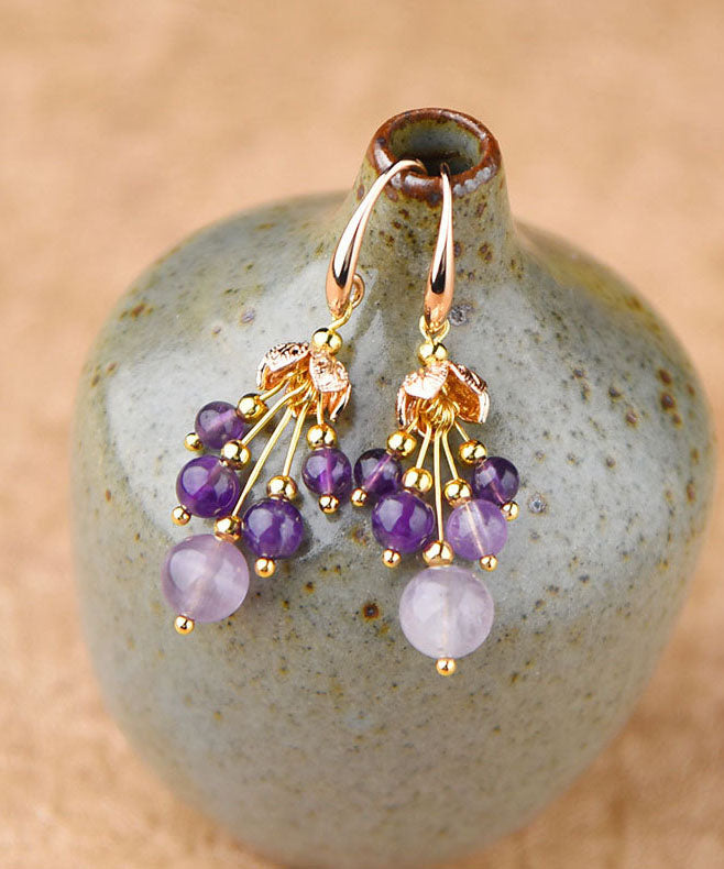 Stylish Purple Crystal 14k Gold Drop Earrings