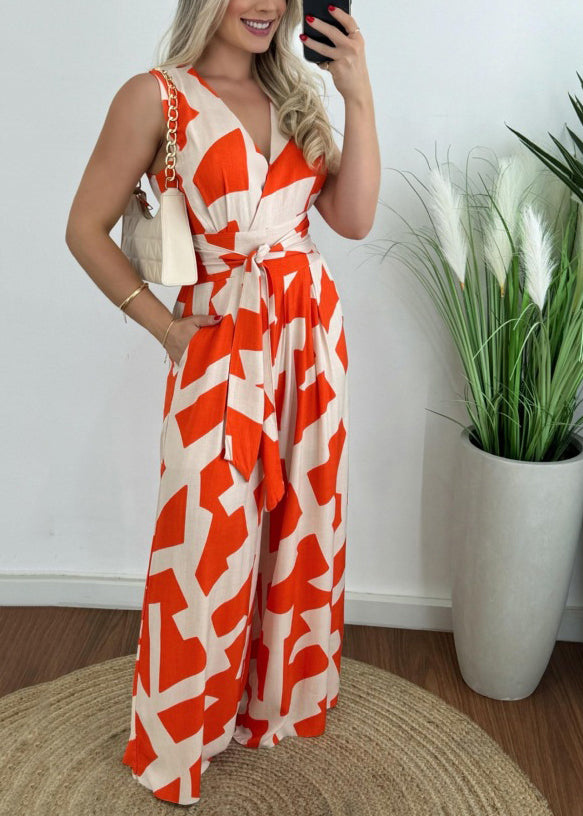French Khaki V Neck Print Tie Waist Cotton Jumpsuits Summer