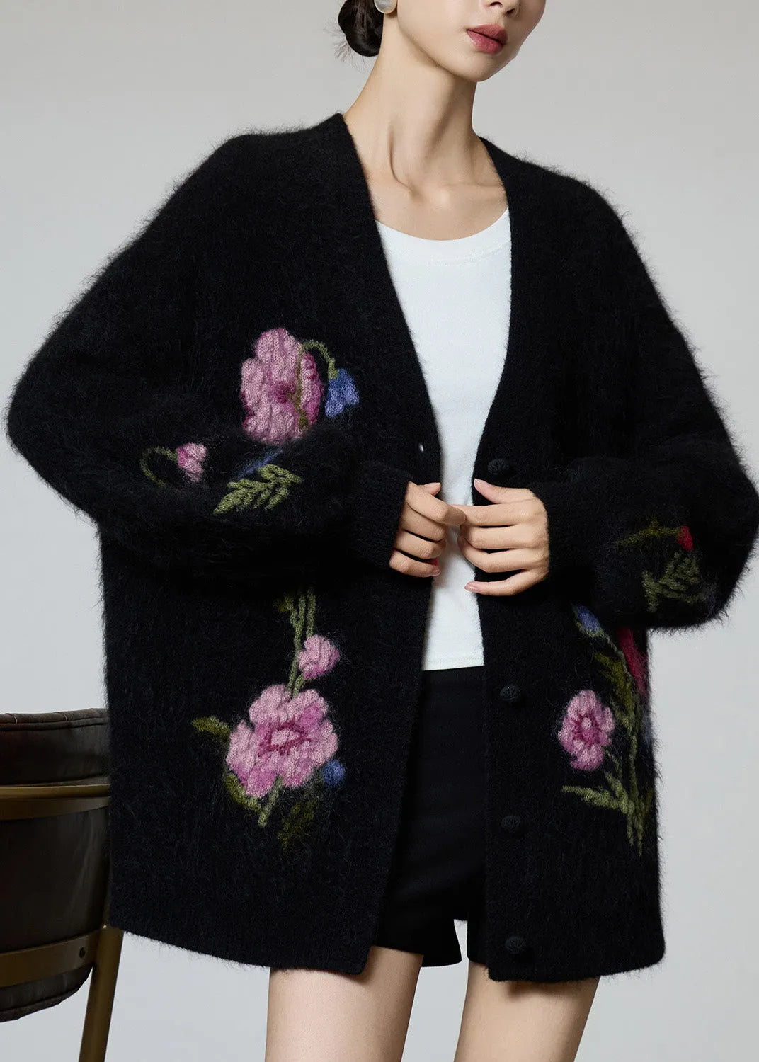 Black V Neck Embroidered Knit Coat Fall