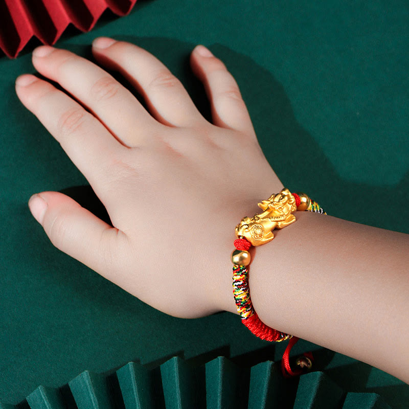 Buddha Stones 999 Sterling Silver Pixiu Wealth King Kong Knot String Braided Kids Child Bracelet
