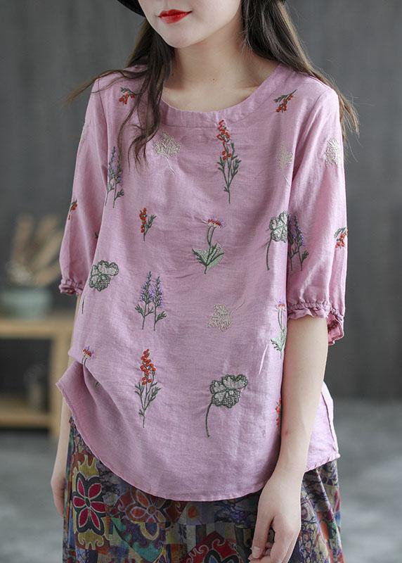 Pink Embroidered O-neck Half Sleeve Ramie Blouses Summer