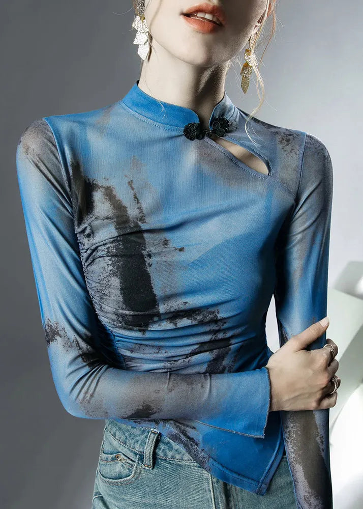 Blue Stand Collar Asymmetrical Print Tulle Tops Fall