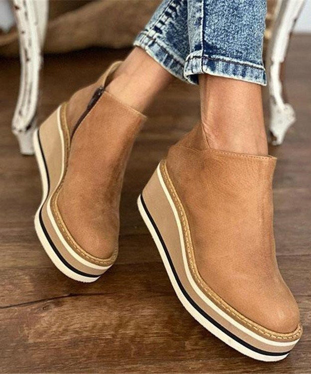 Black Zippered Splicing Wedge Ankle Boots