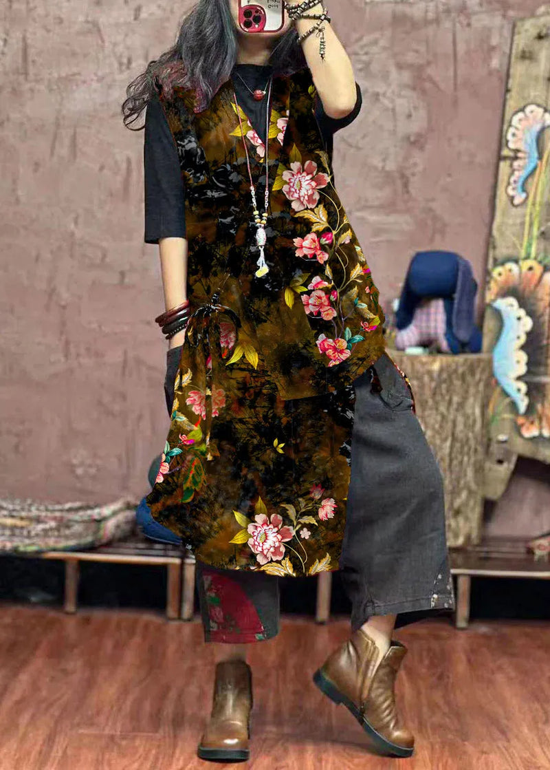 Yellow Asymmetrical Print Patchwork Cotton Waistcoat Sleeveless
