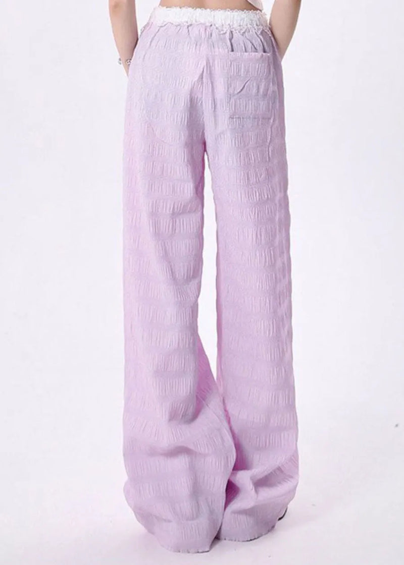 Blue Pockets Lace Patchwork Cotton Pants Spring