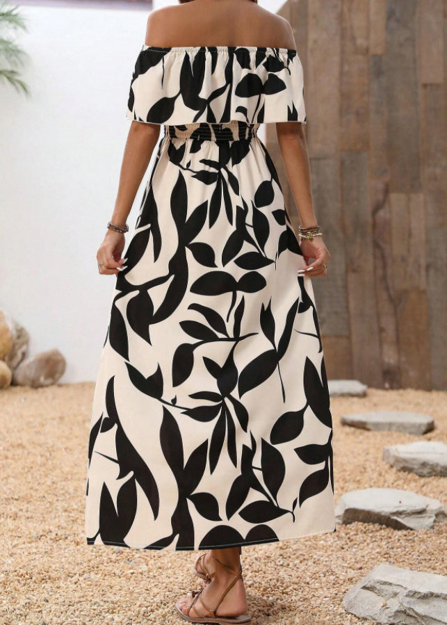 Apricot Slash Neck Print Side Open Cotton Long Dresses Summer