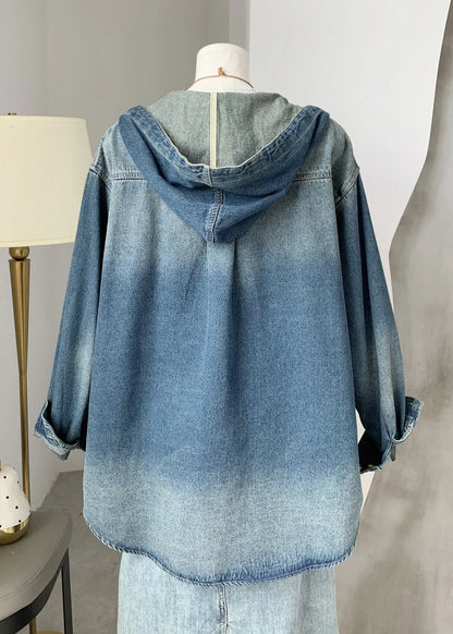Blue Button Denim Hooded Coat Fall