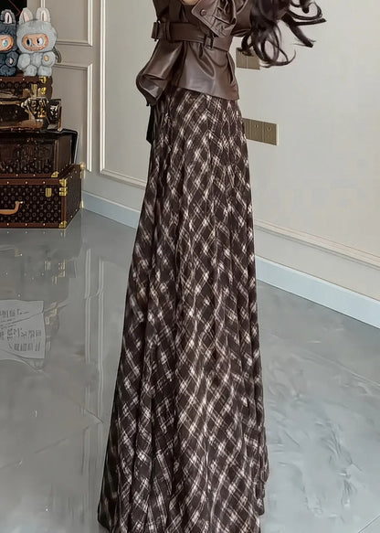 Brown Plaid Exra Large Hem Cotton Skirts Winter