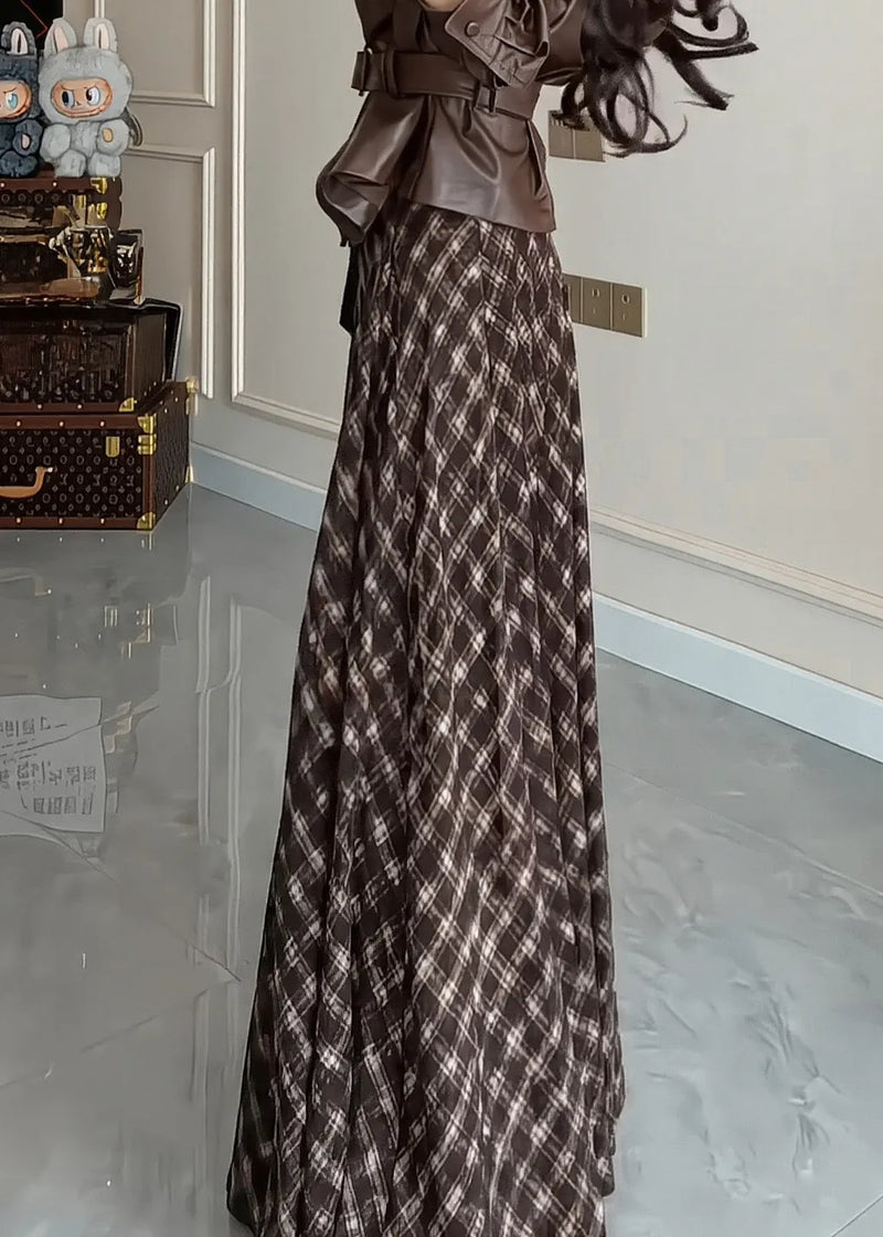 Brown Plaid Exra Large Hem Cotton Skirts Winter