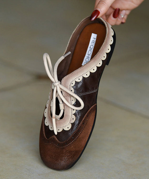 Chocolate Flat Embossed Lace Up Cowhide Leather Slippers