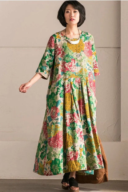 Retro Cotton Linen Flower Long Dress Summer Outfits