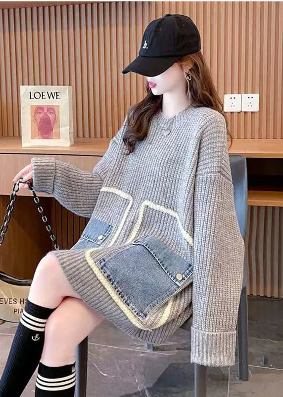 French Grey O-neck Oversized Lazy Patchwork Pockets Knit Sweater Tops Winter