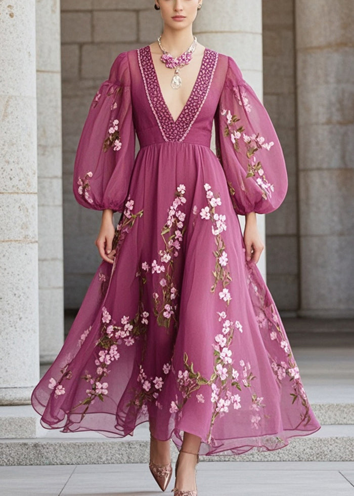 Purple Print Chiffon Party Dress Lantern Sleeve