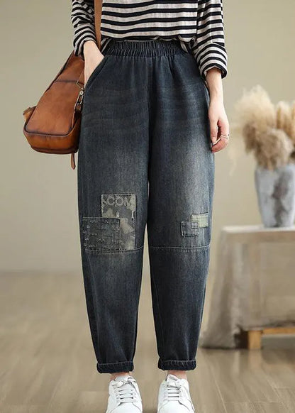 Navy Pockets Applique Elastic Waist Denim Pants Fall