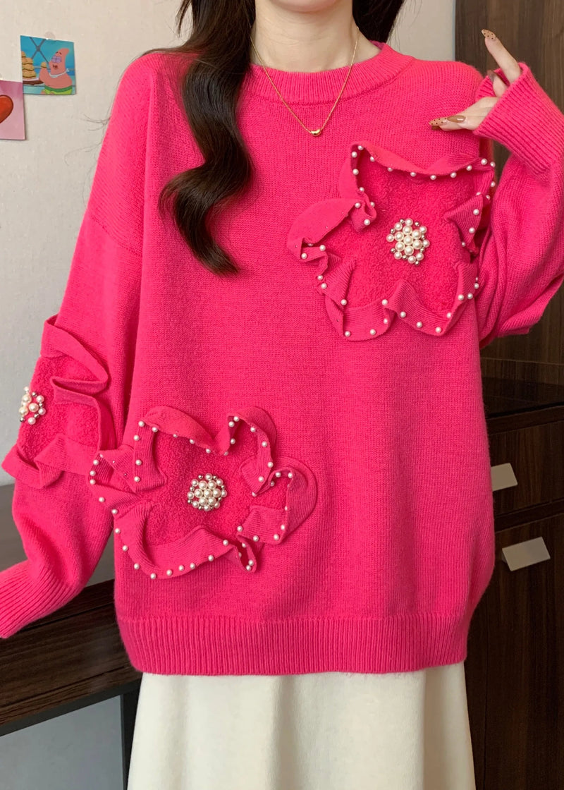 French Rose O Neck Nail Bead Knit Sweater Tops Spring