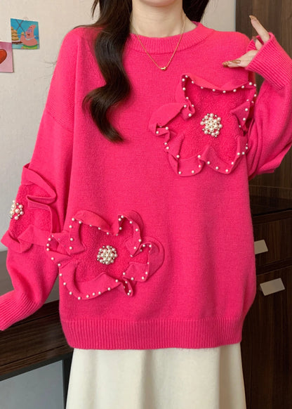 French Rose O Neck Nail Bead Knit Sweater Tops Spring