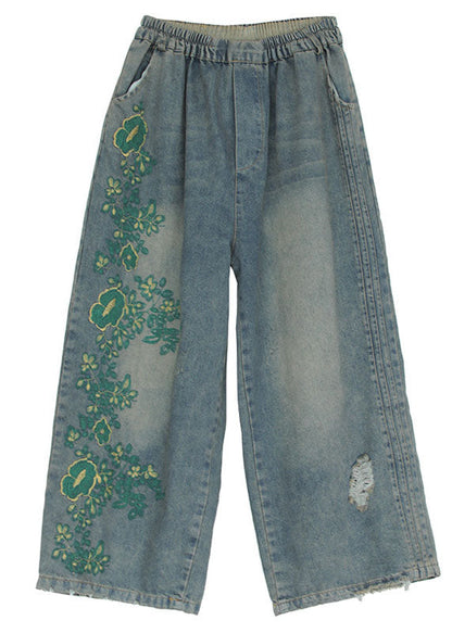 Blue Embroidered Cotton Ripped Jeans Pants Fall