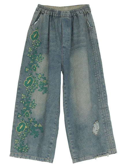 Blue Embroidered Cotton Ripped Jeans Pants Fall
