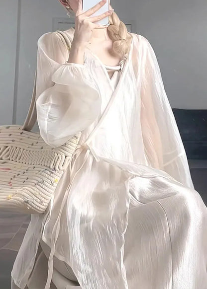 Natural Apricot V Neck Tie Waist Chiffon Upf 50+ Coat Lantern Sleeve